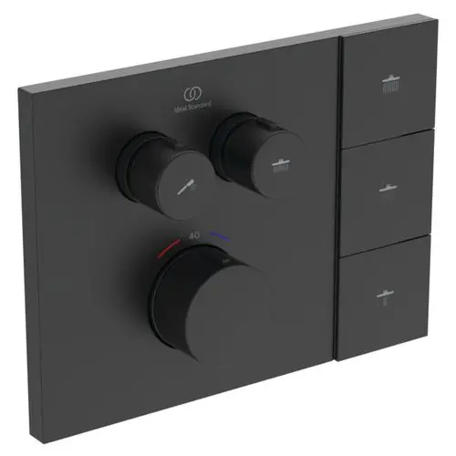 Schwarze Steuerungseinheit von Ideal Standard mit drei Drehreglern und vier Tasten. Die Regler sind für Temperatur und Wasserarten, die Tasten steuern verschiedene Funktionen.